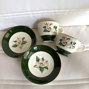 Vintage Lifetime China JADEROSE Magnolia Tea Cups & Saucers Set of 2 Green Gold